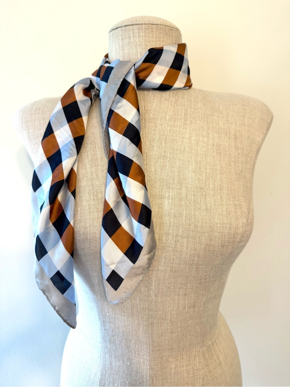 Checkered Satin Square Hair Neck Scarf Bandana Navy Brown 28” Parisian Mod Retro